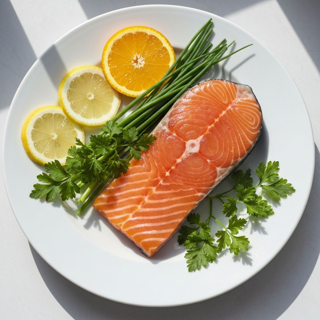 Fresh salmon with leafy greens and citrus